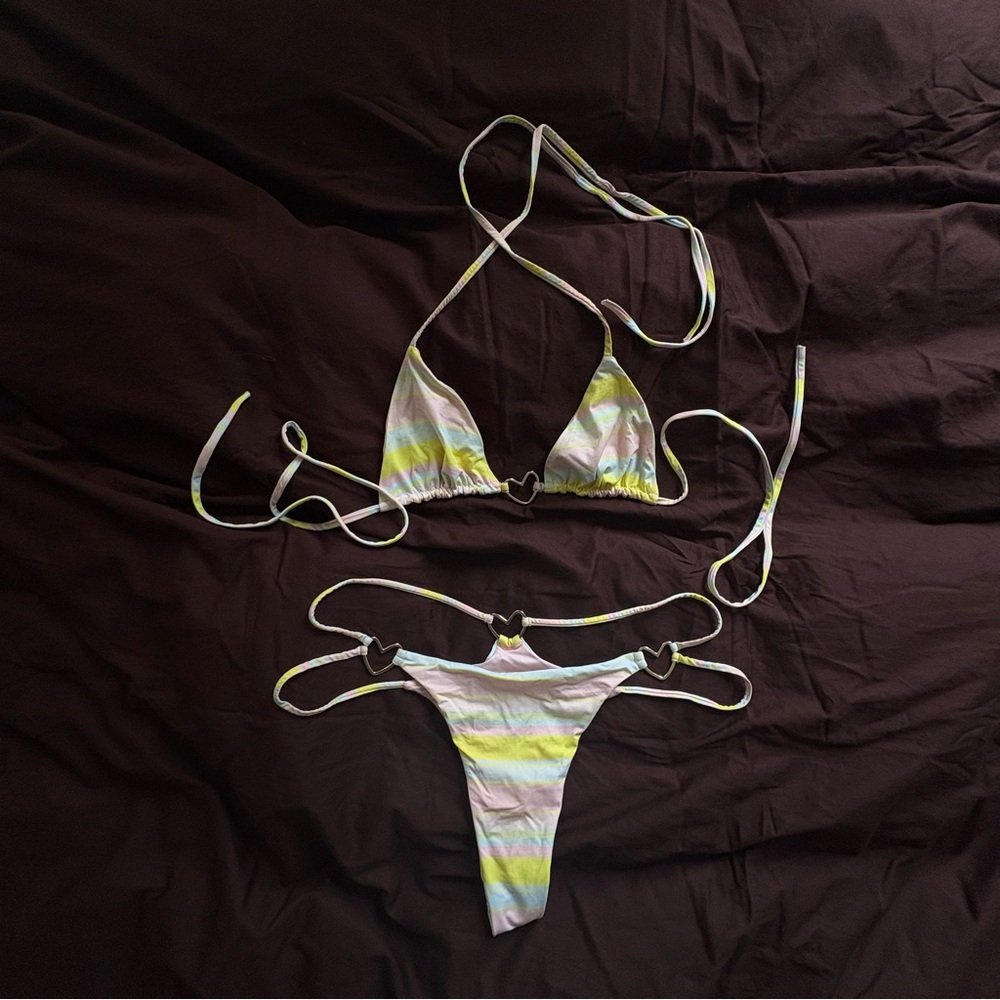 Frankie’s Bikinis Heart Hardware Pastel Striped Bikini Y2K